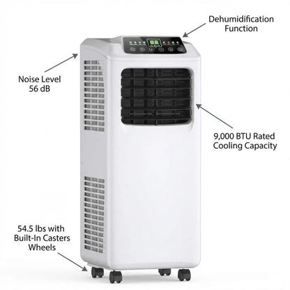 9000 BTU Portable Air Conditioner with Built-in Dehumidifier and Remote Control